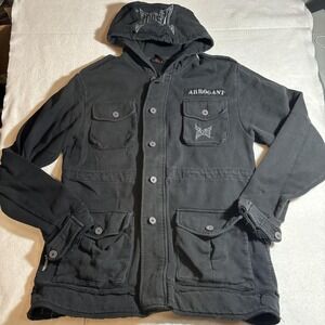 Tapout Jacket Mens Large Black Arrogant Hooded Button Front Pockets MMA Logo